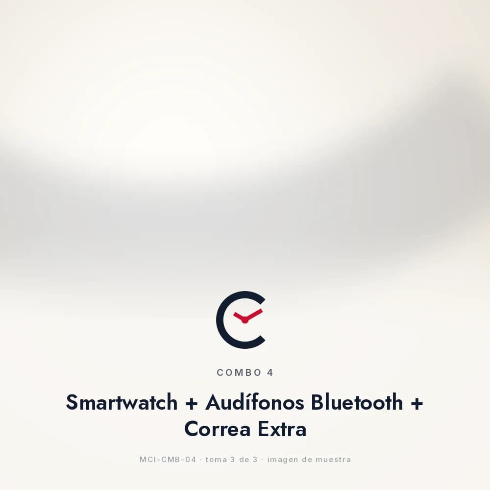 COMBO 4: Smartwatch + Audífonos Bluetooth + Correa Extra, persona con el reloj puesto y un audífono en la oreja